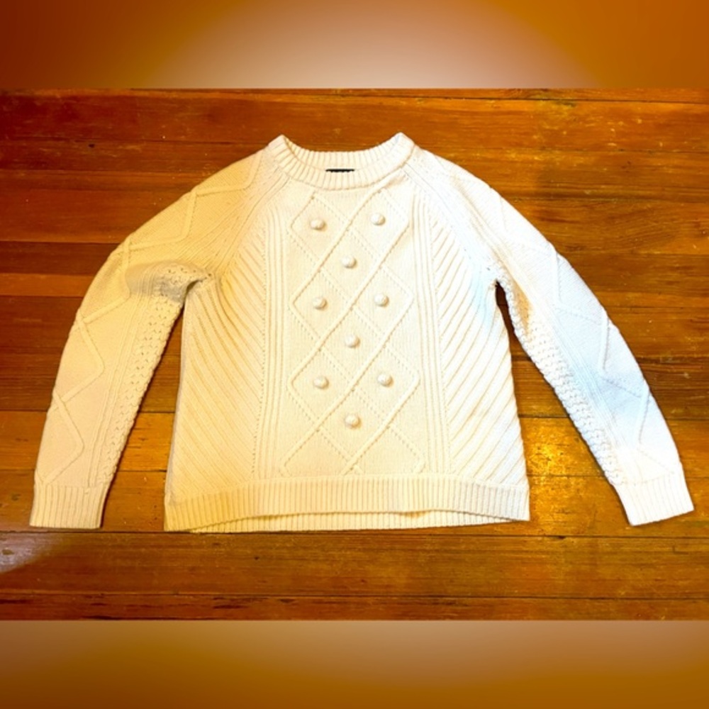 Woman’s J Crew Off-White Cable Knit Crew Neck Sweater, 100% Wool, Small